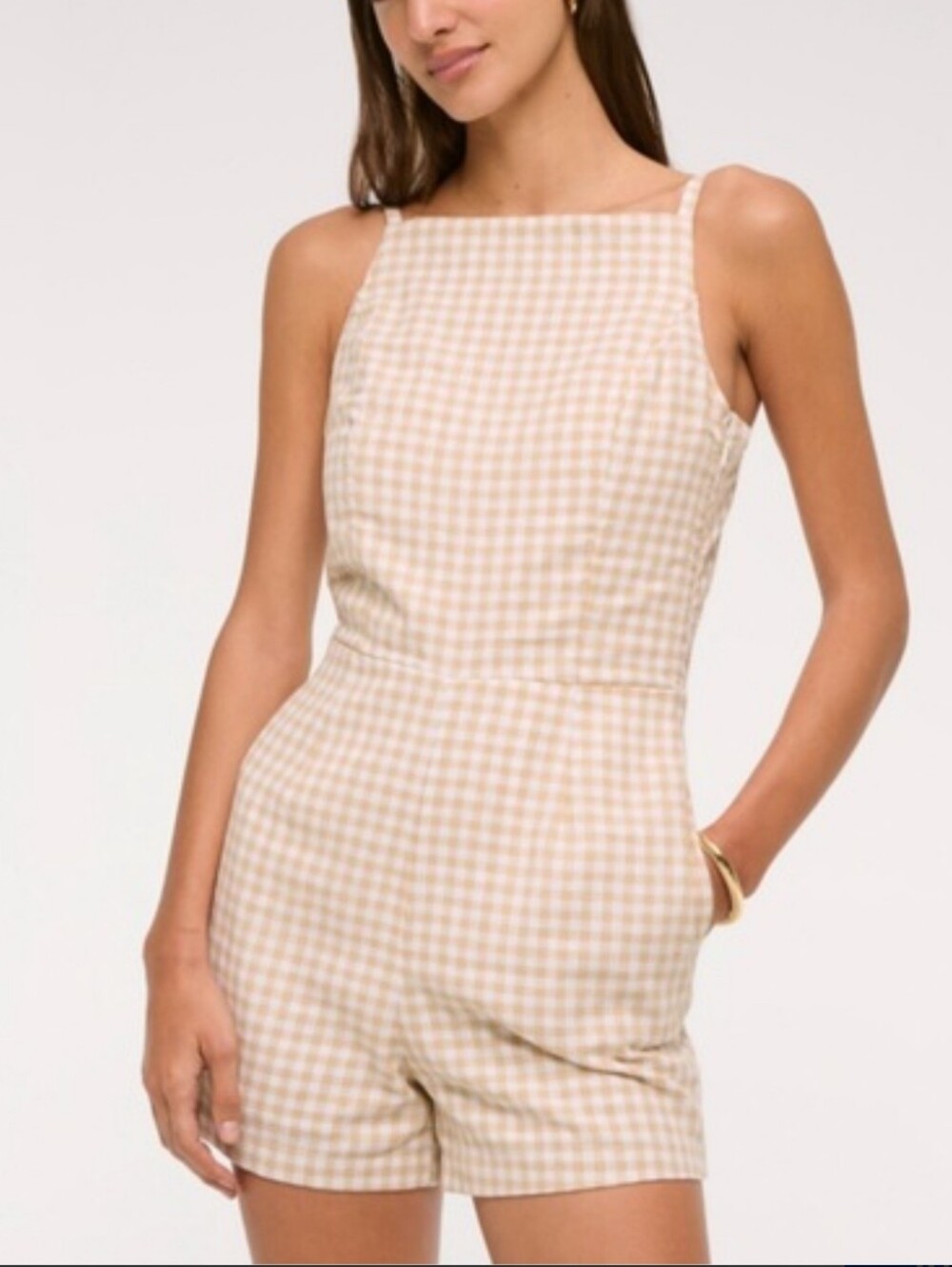 Abercrombie & Fitch Apron Linen-Blend Romper In Gingham Size Medium Tall